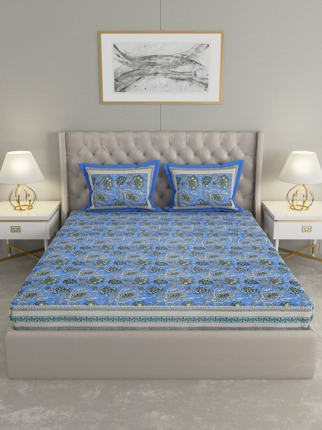 Pure Organic Cotton Bedsheet Hand Block Printed King Size with Pillow Covers 240 TC 90X108 inches