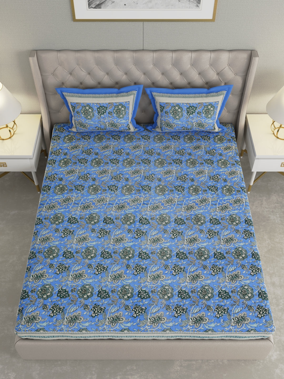 Pure Organic Cotton Bedsheet Hand Block Printed King Size with Pillow Covers 240 TC 90X108 inches
