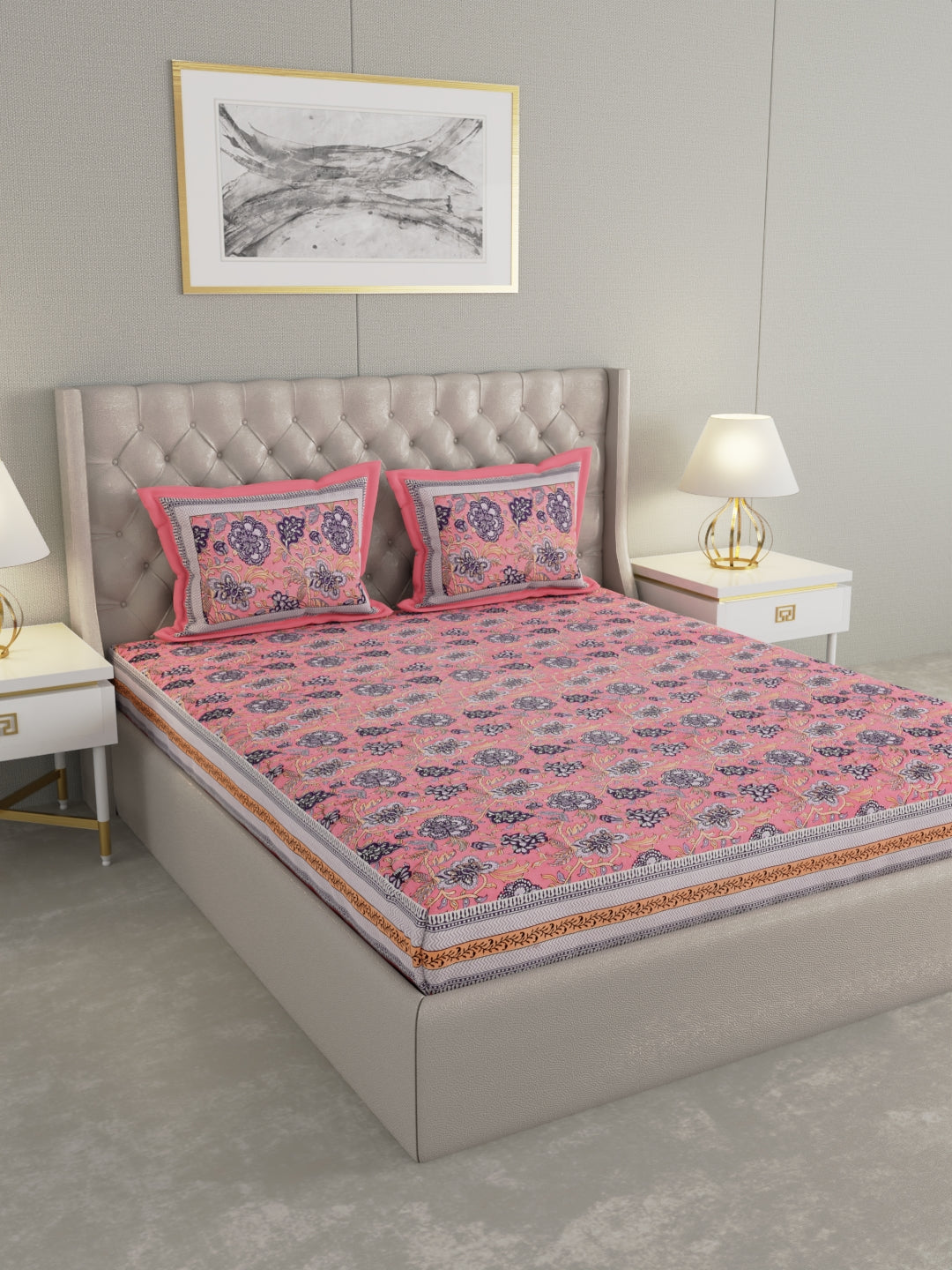 Pure Organic Cotton Bedsheet Hand Block Printed King Size with Pillow Covers 240 TC 90X108 inches