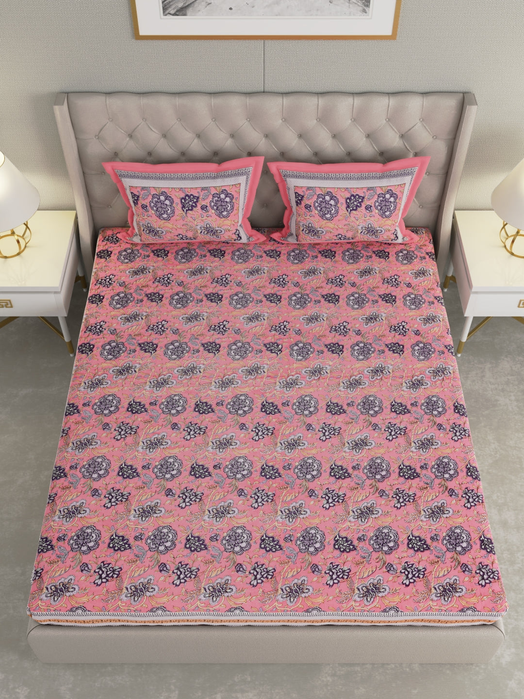 Pure Organic Cotton Bedsheet Hand Block Printed King Size with Pillow Covers 240 TC 90X108 inches