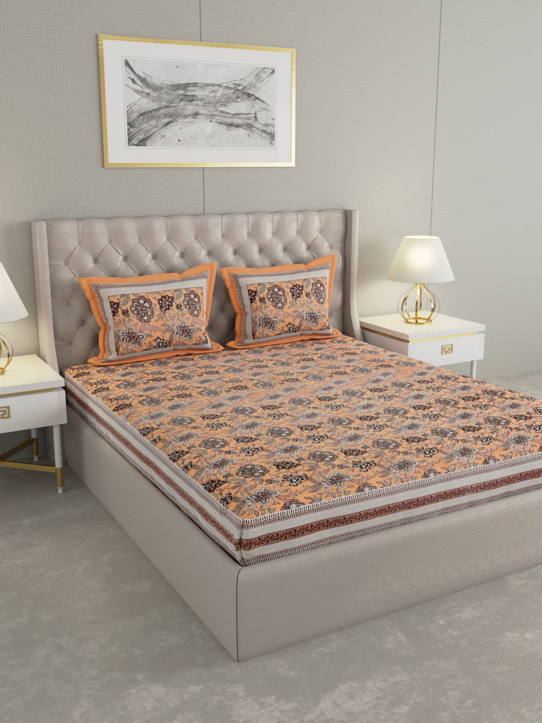 Pure Organic Cotton Bedsheet Hand Block Printed King Size with Pillow Covers 240 TC 90X108 inches