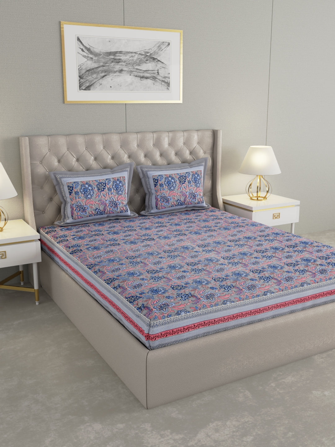 Pure Organic Cotton Bedsheet Hand Block Printed King Size with Pillow Covers 240 TC 90X108 inches