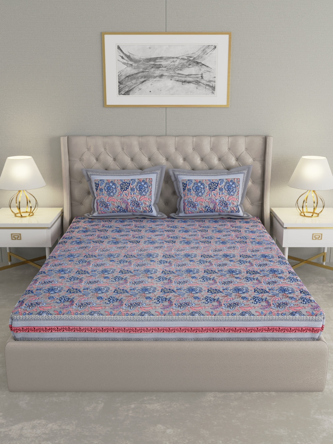 Pure Organic Cotton Bedsheet Hand Block Printed King Size with Pillow Covers 240 TC 90X108 inches