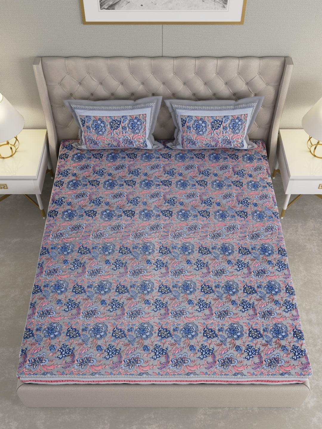 Pure Organic Cotton Bedsheet Hand Block Printed King Size with Pillow Covers 240 TC 90X108 inches