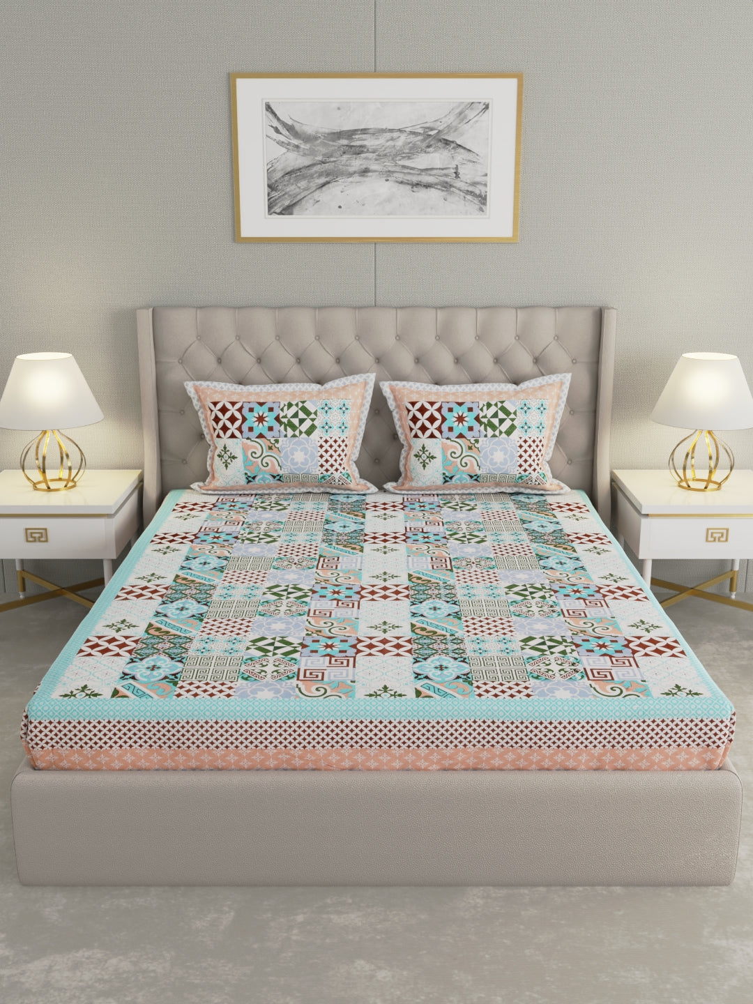Pure Organic Cotton Bedsheet Hand Block Printed King Size with Pillow Covers 240 TC 90X108 inches
