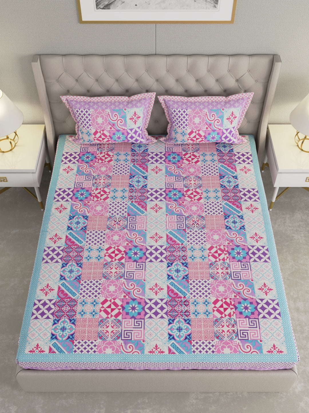 Pure Organic Cotton Bedsheet Hand Block Printed King Size with Pillow Covers 240 TC 90X108 inches