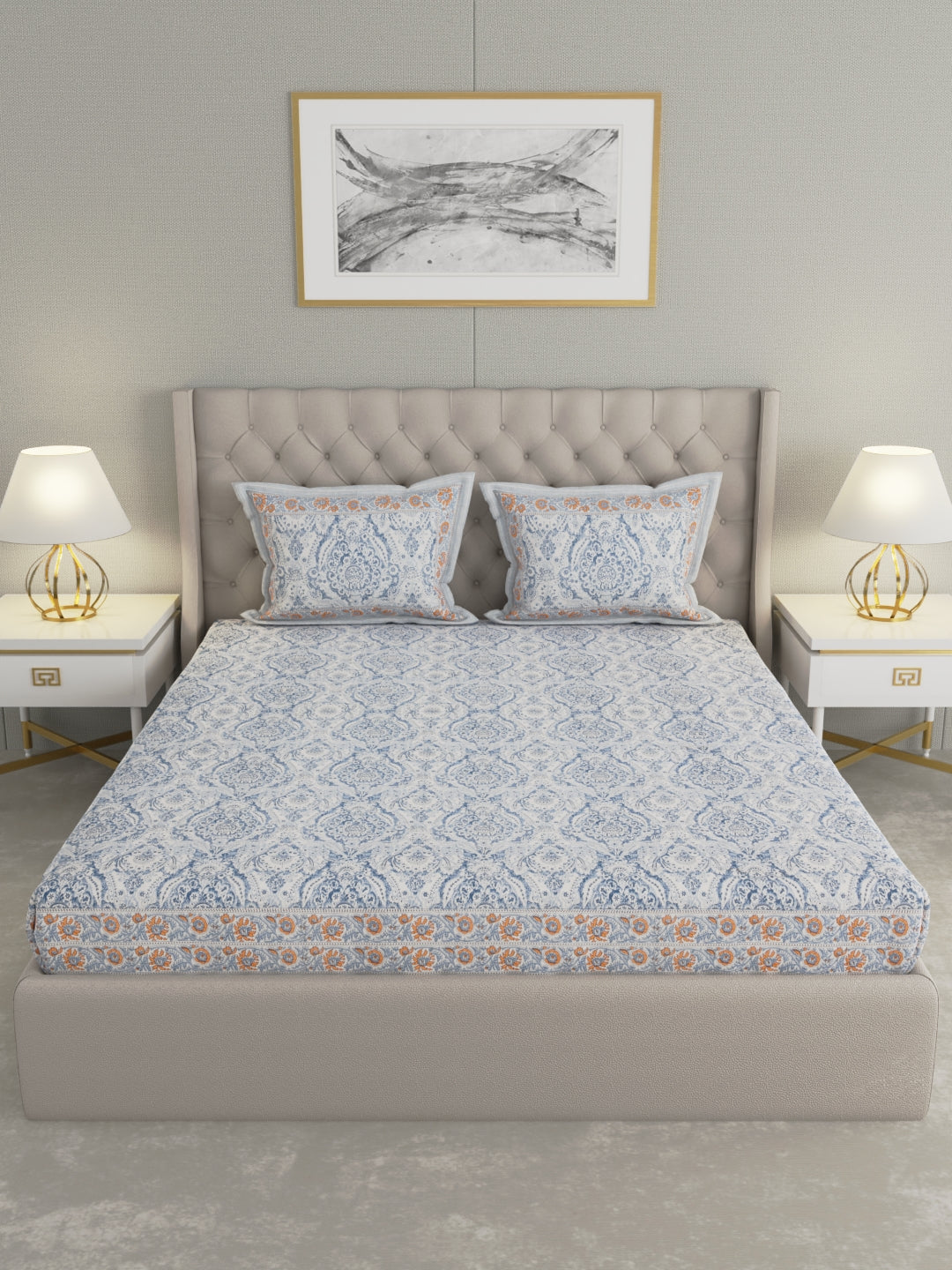 Pure Organic Cotton Bedsheet Hand Block Printed King Size with Pillow Covers 240 TC 90X108 inches