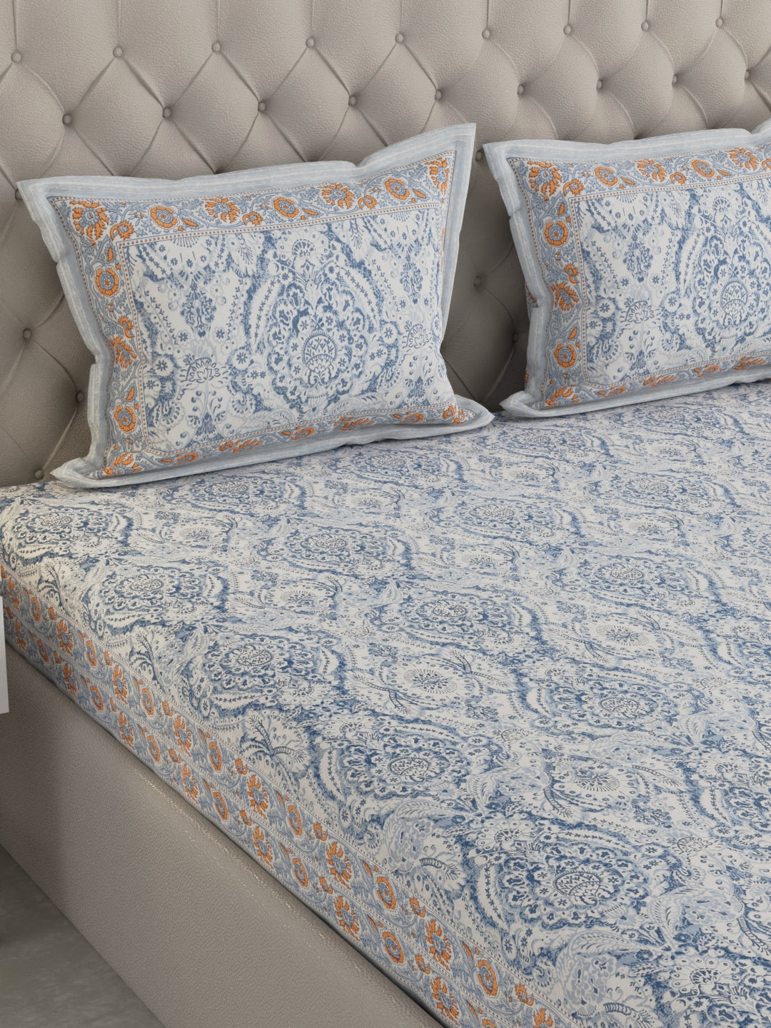 Pure Organic Cotton Bedsheet Hand Block Printed King Size with Pillow Covers 240 TC 90X108 inches