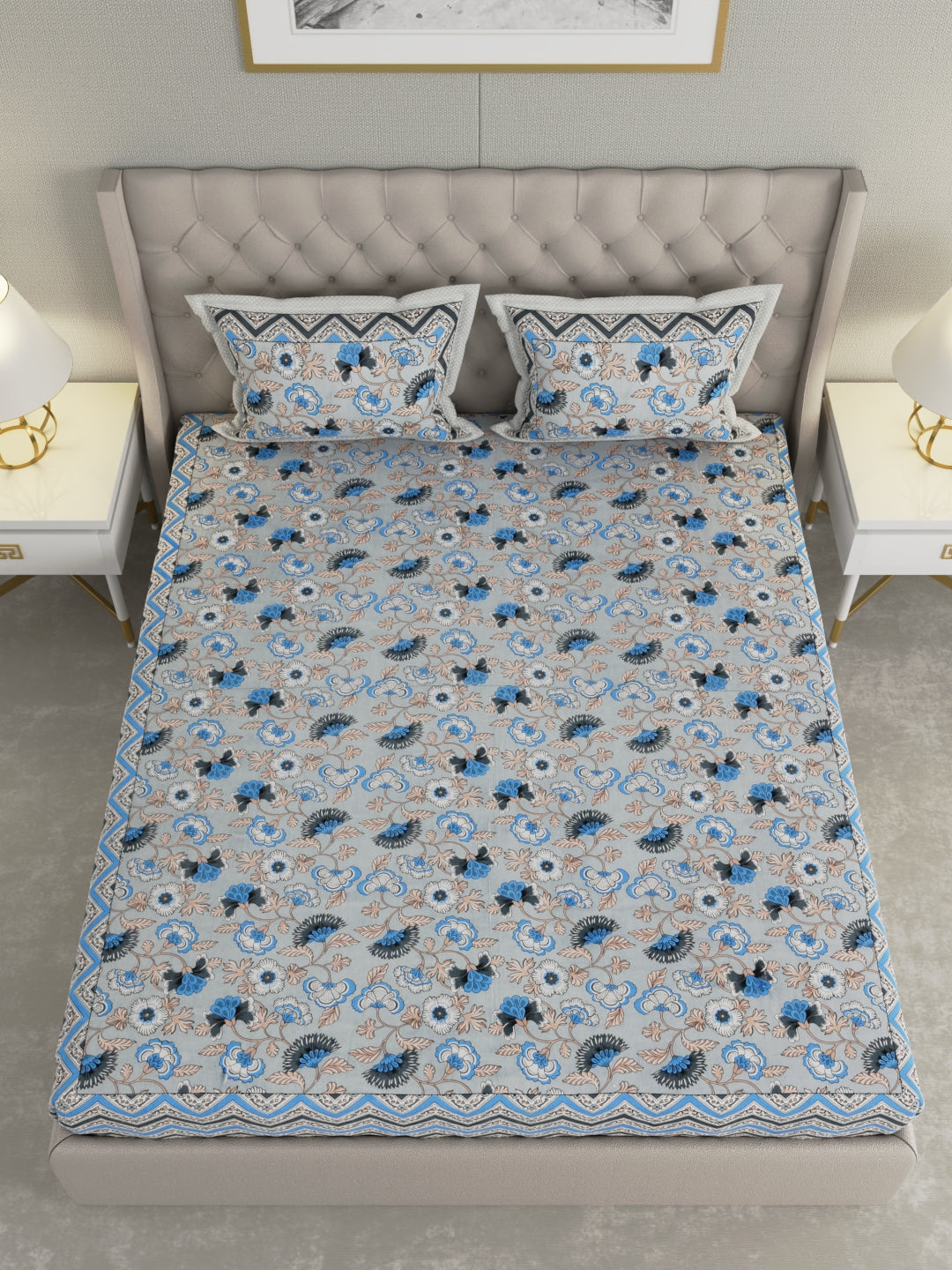 Pure Organic Cotton Bedsheet Hand Block Printed King Size with Pillow Covers 240 TC 90X108 inches