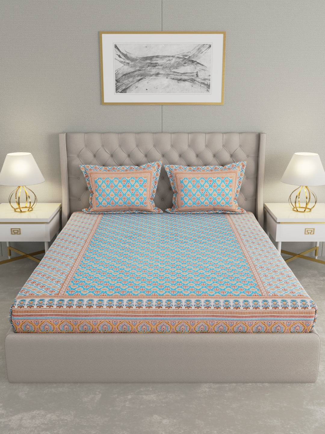 Pure Organic Cotton Bedsheet Hand Block Printed King Size with Pillow Covers 240 TC 90X108 inches