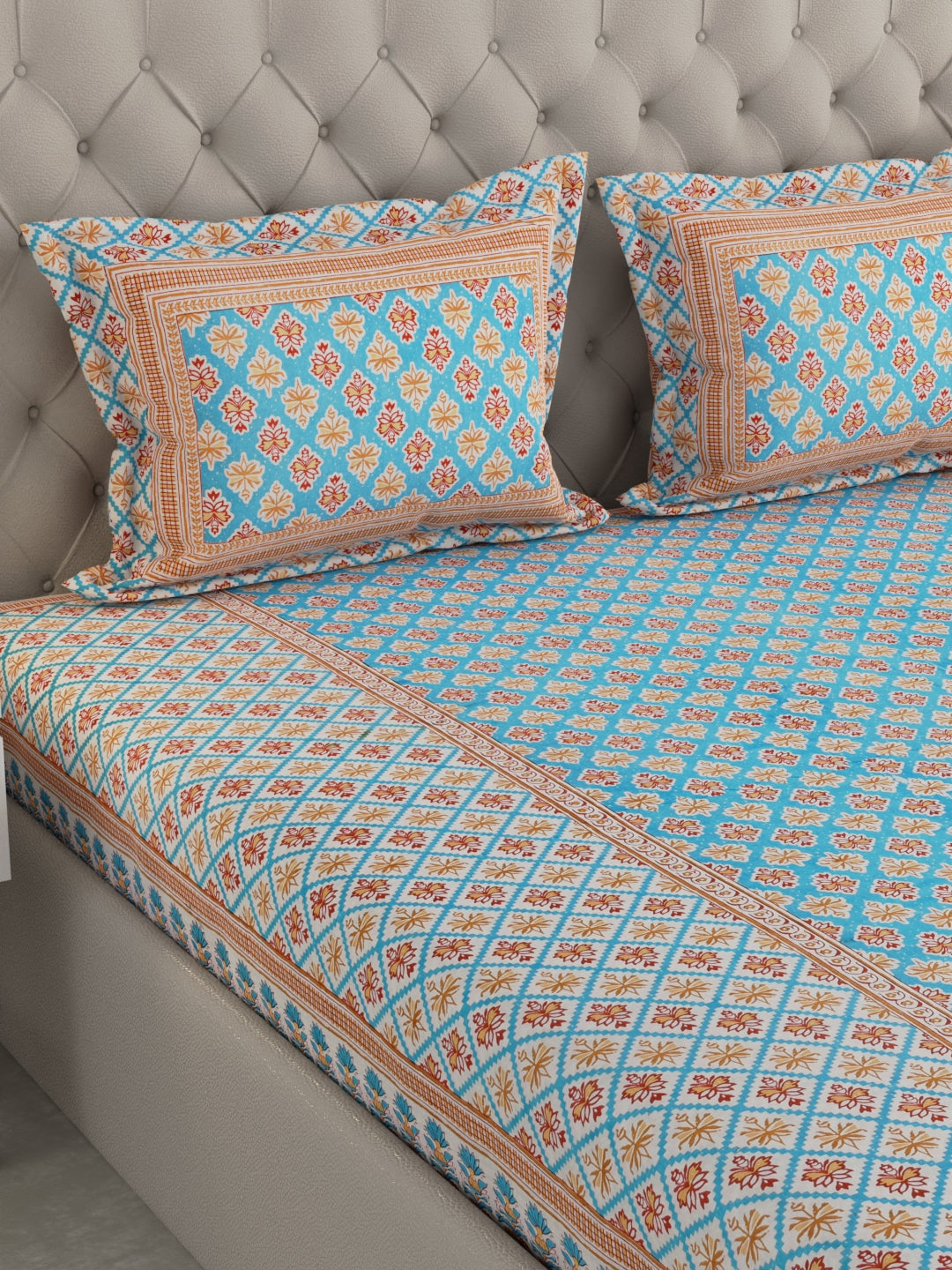 Pure Organic Cotton Bedsheet Hand Block Printed King Size with Pillow Covers 240 TC 90X108 inches