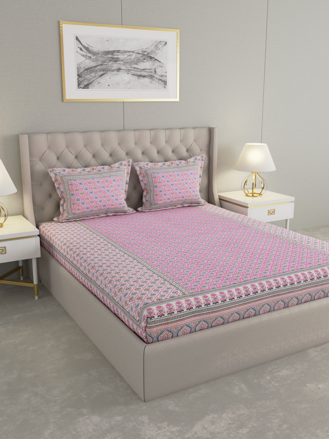 Pure Organic Cotton Bedsheet Hand Block Printed King Size with Pillow Covers 240 TC 90X108 inches