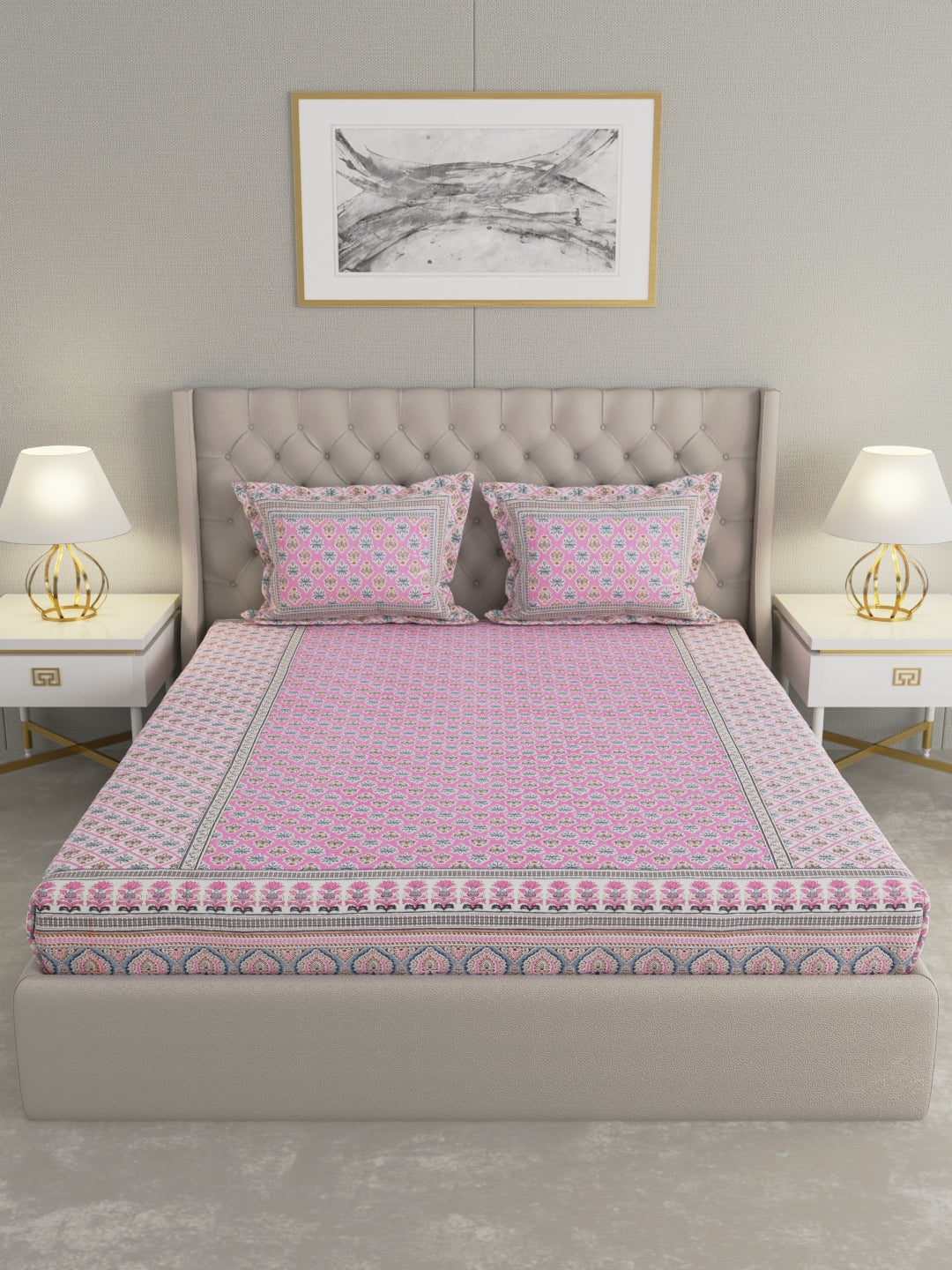 Pure Organic Cotton Bedsheet Hand Block Printed King Size with Pillow Covers 240 TC 90X108 inches