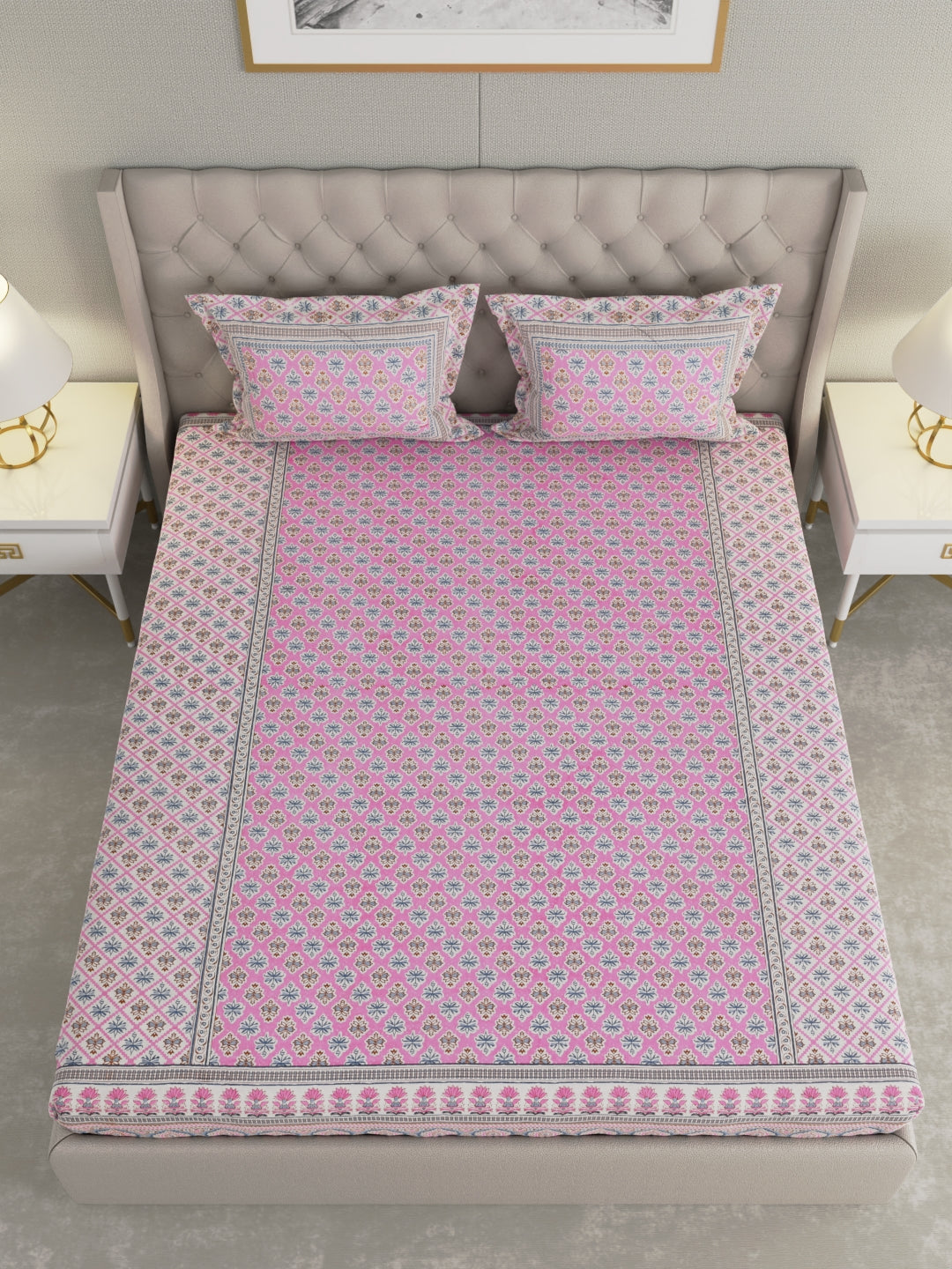 Pure Organic Cotton Bedsheet Hand Block Printed King Size with Pillow Covers 240 TC 90X108 inches