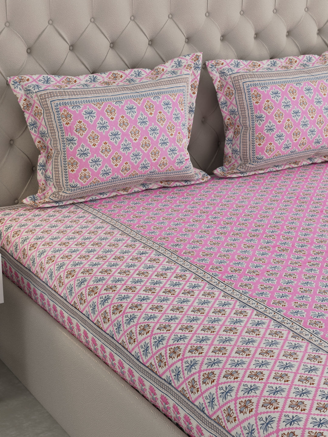 Pure Organic Cotton Bedsheet Hand Block Printed King Size with Pillow Covers 240 TC 90X108 inches