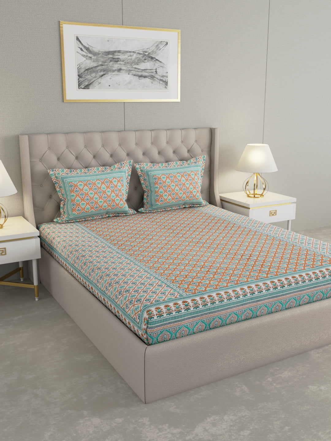 Pure Organic Cotton Bedsheet Hand Block Printed King Size with Pillow Covers 240 TC 90X108 inches