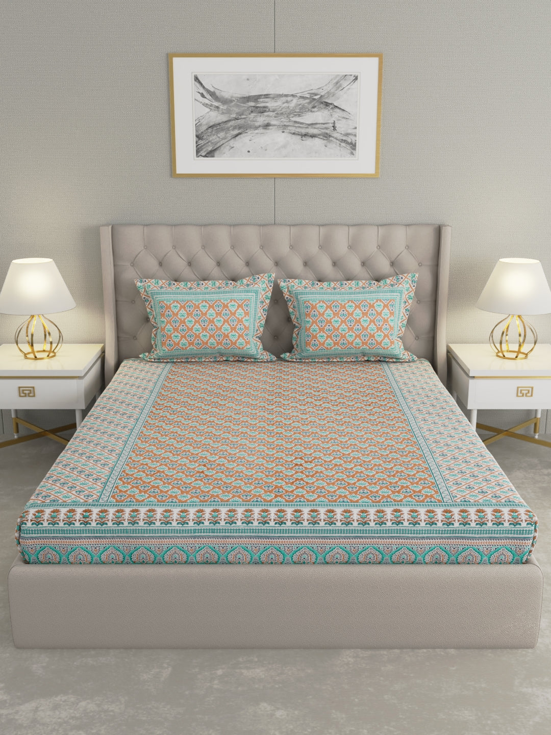 Pure Organic Cotton Bedsheet Hand Block Printed King Size with Pillow Covers 240 TC 90X108 inches