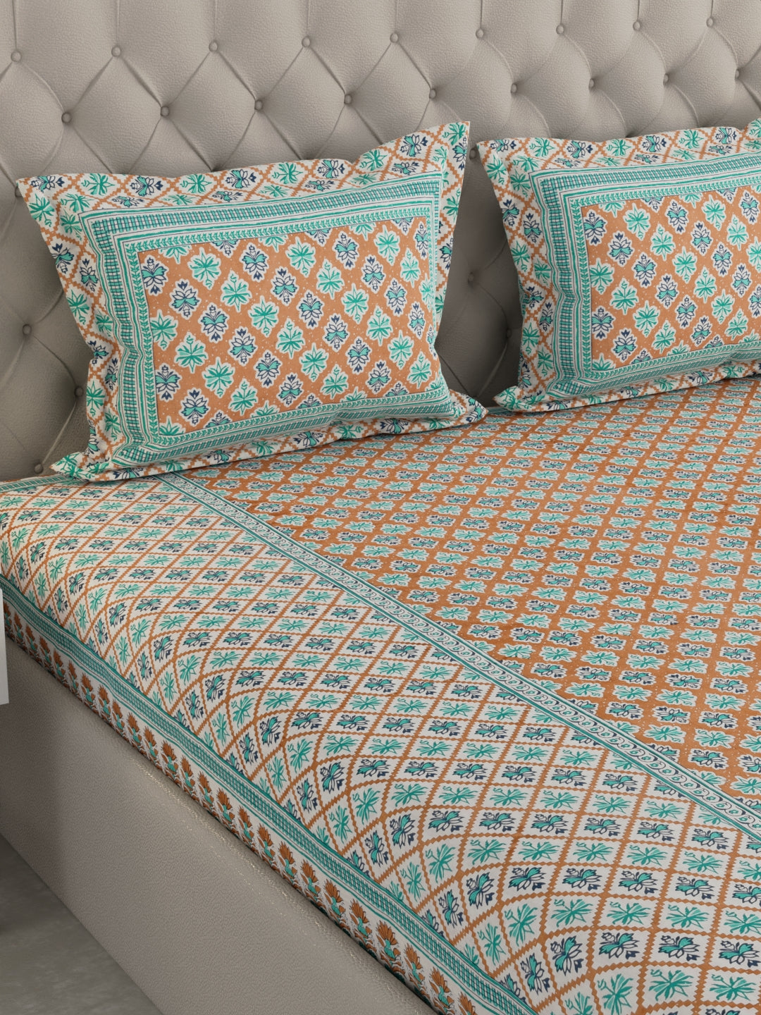 Pure Organic Cotton Bedsheet Hand Block Printed King Size with Pillow Covers 240 TC 90X108 inches
