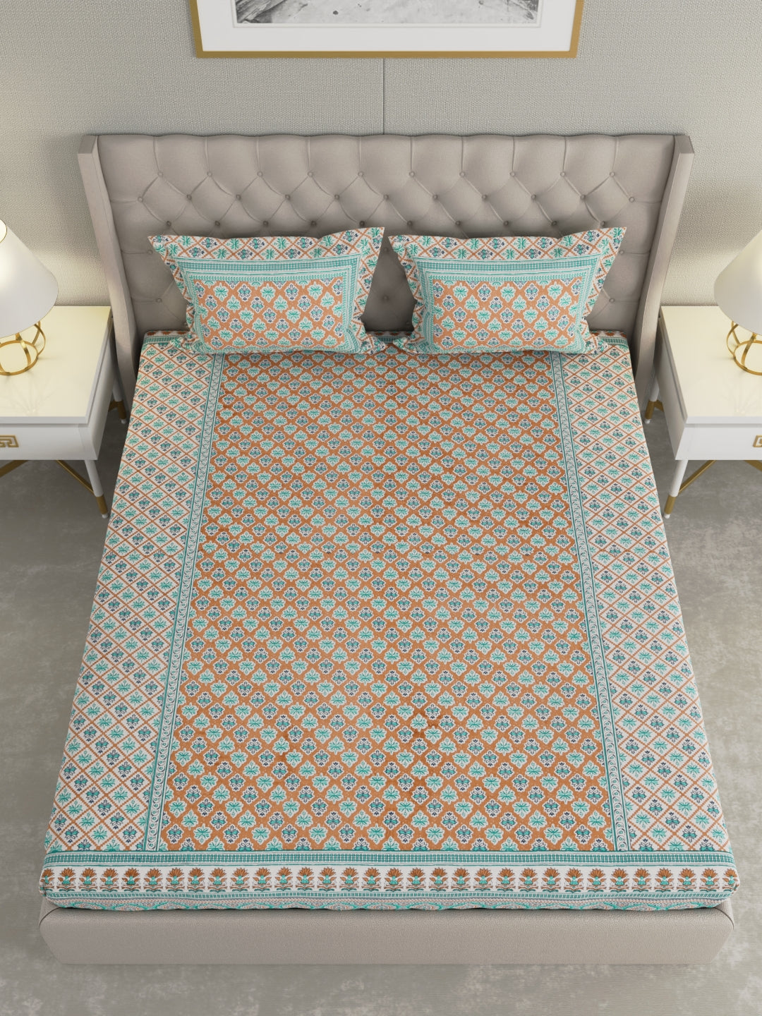 Pure Organic Cotton Bedsheet Hand Block Printed King Size with Pillow Covers 240 TC 90X108 inches