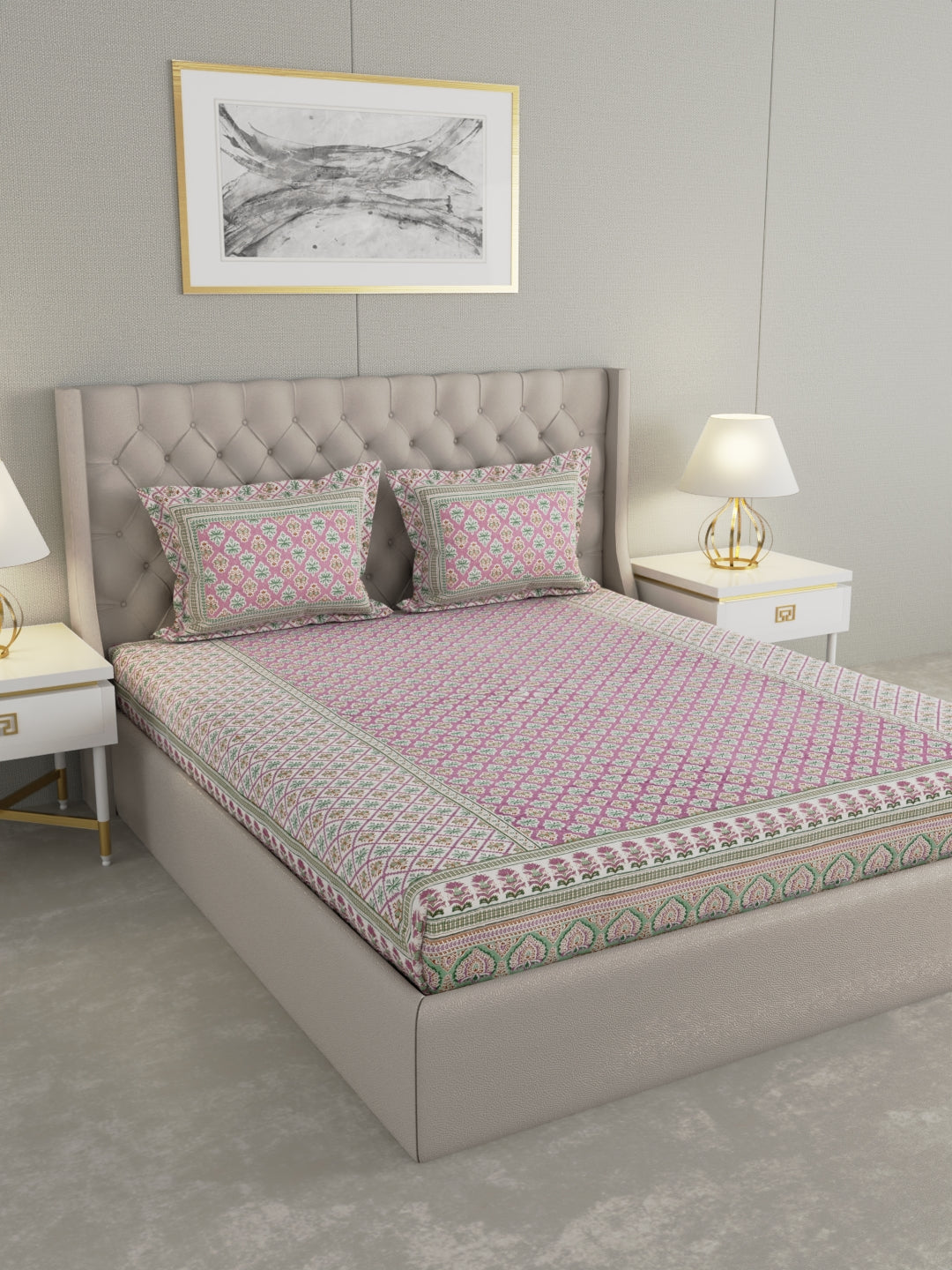 Pure Organic Cotton Bedsheet Hand Block Printed King Size with Pillow Covers 240 TC 90X108 inches