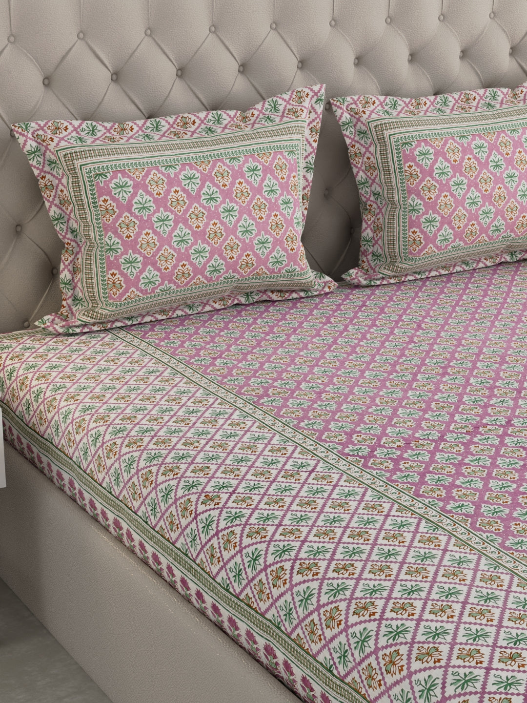 Pure Organic Cotton Bedsheet Hand Block Printed King Size with Pillow Covers 240 TC 90X108 inches