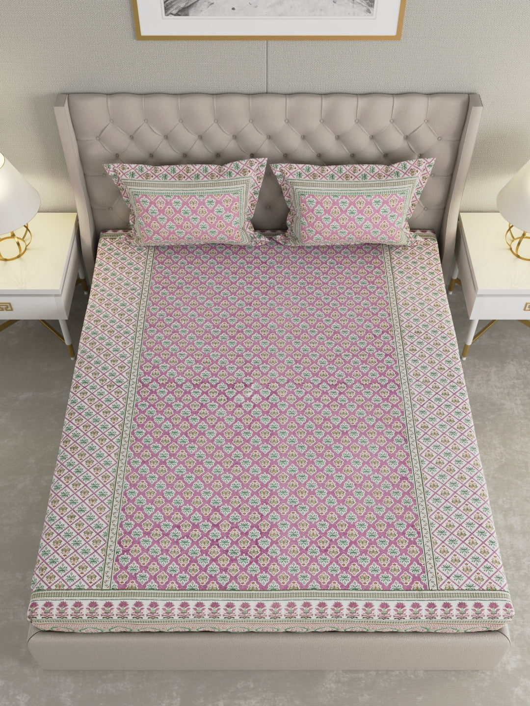 Pure Organic Cotton Bedsheet Hand Block Printed King Size with Pillow Covers 240 TC 90X108 inches