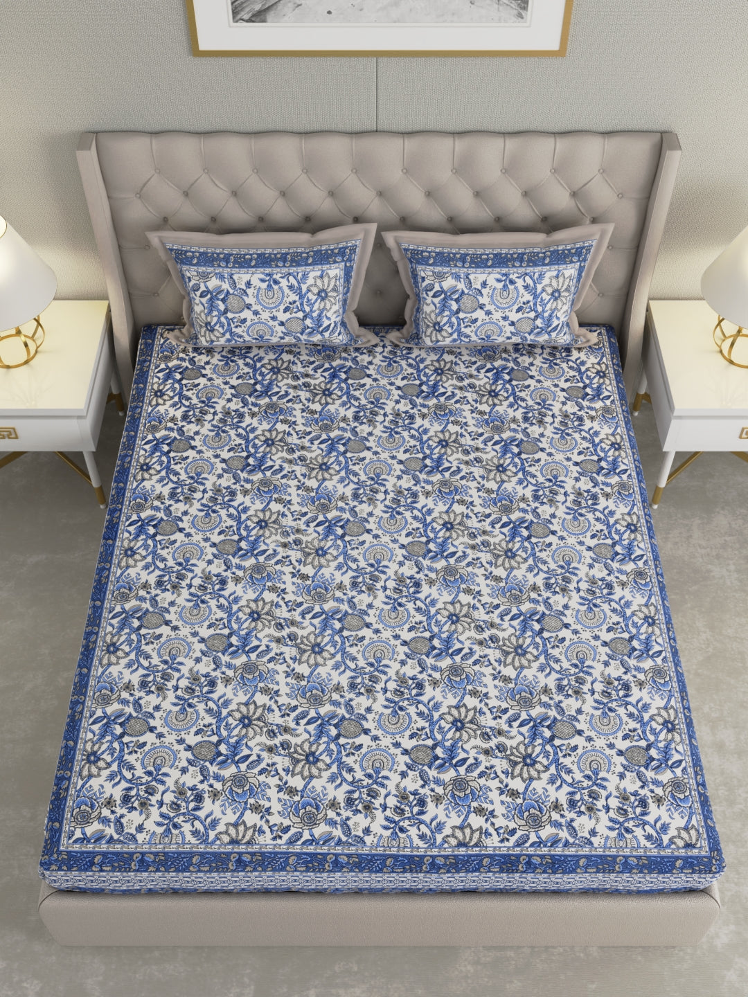 Pure Organic Cotton Bedsheet Hand Block Printed King Size with Pillow Covers 240 TC 90X108 inches