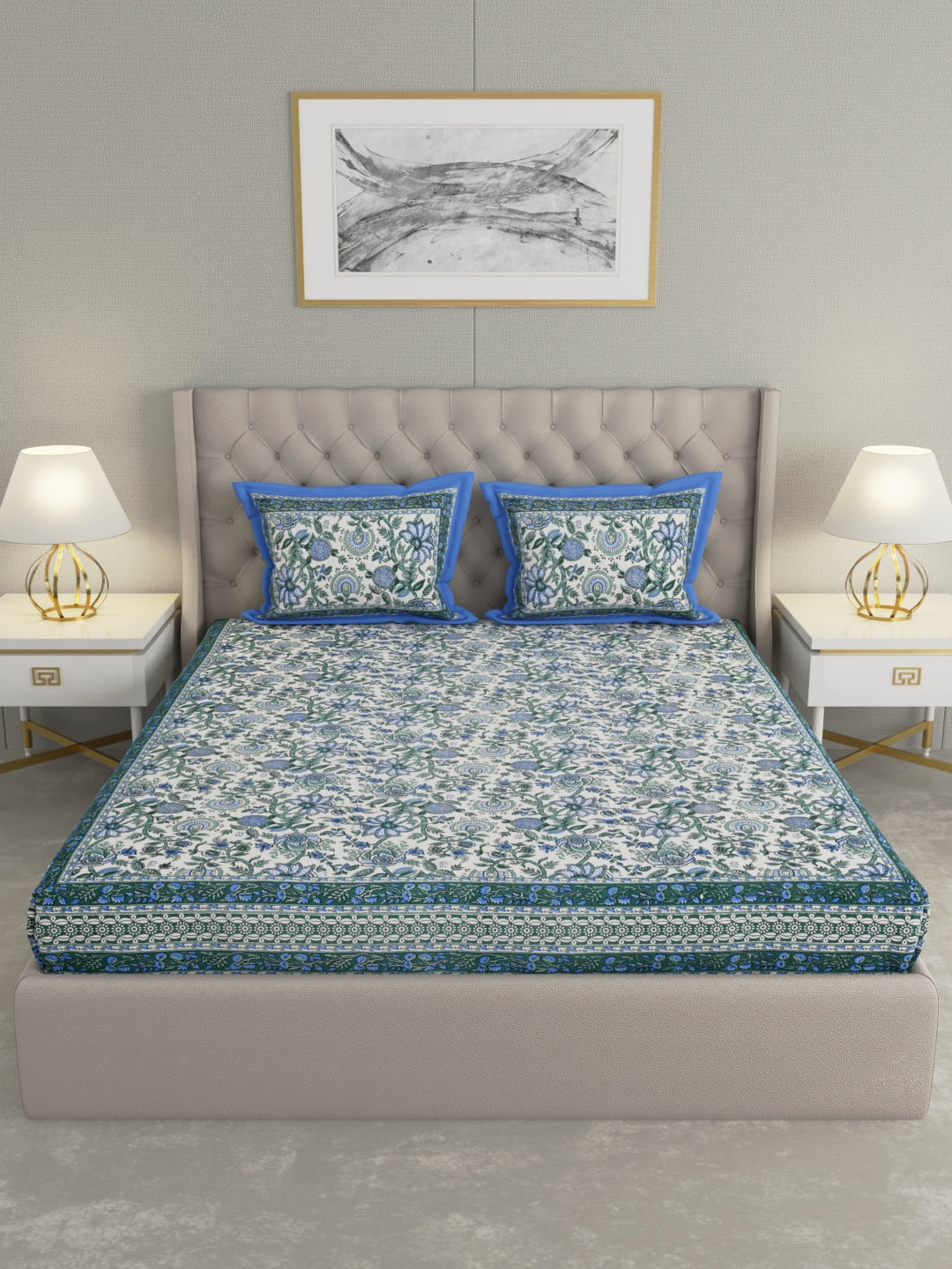 Pure Organic Cotton Bedsheet Hand Block Printed King Size with Pillow Covers 240 TC 90X108 inches