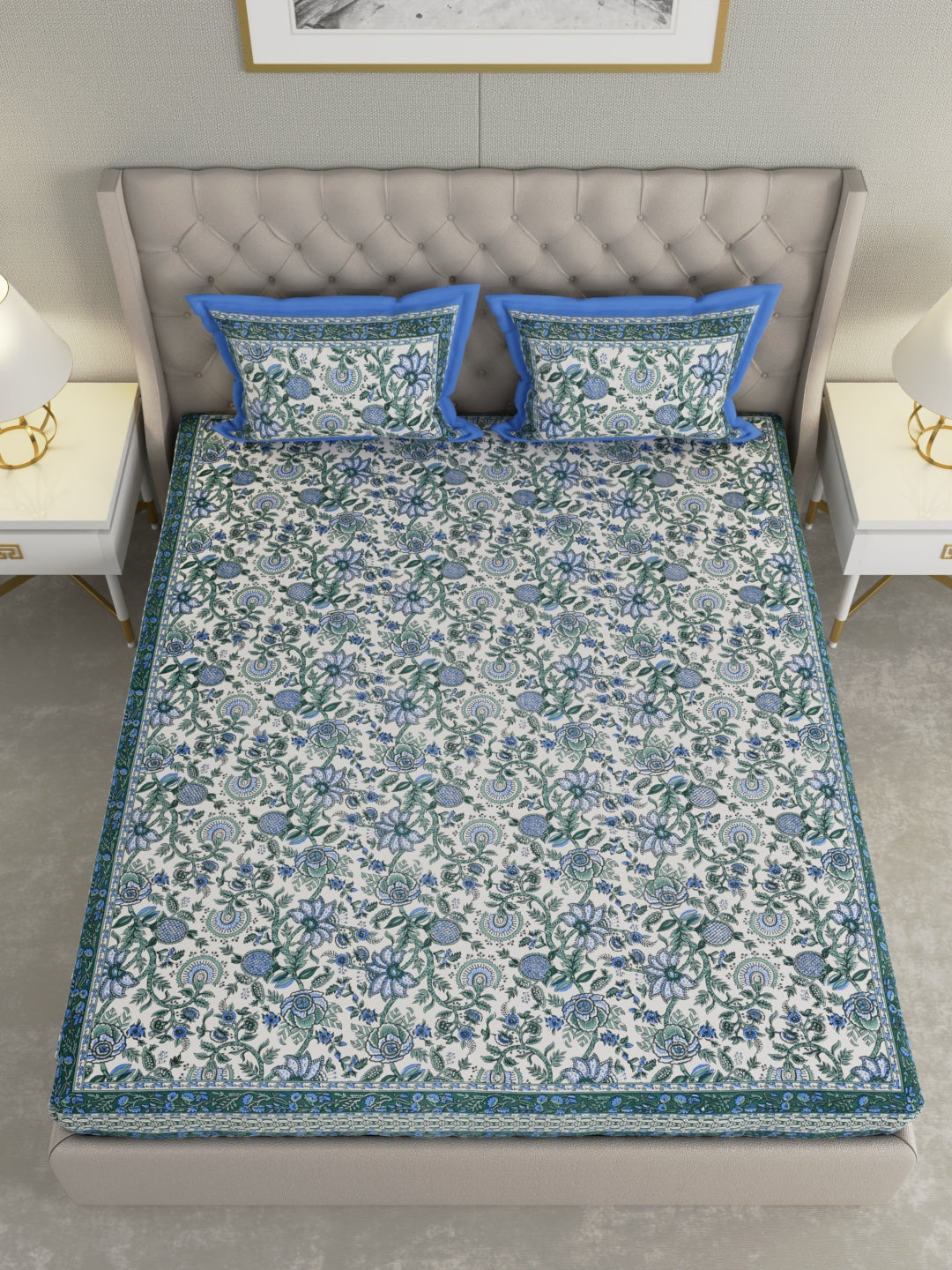 Pure Organic Cotton Bedsheet Hand Block Printed King Size with Pillow Covers 240 TC 90X108 inches