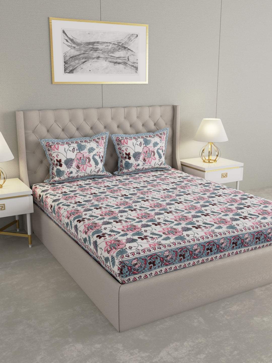 Pure Organic Cotton Bedsheet Hand Block Printed King Size with Pillow Covers 240 TC 90X108 inches