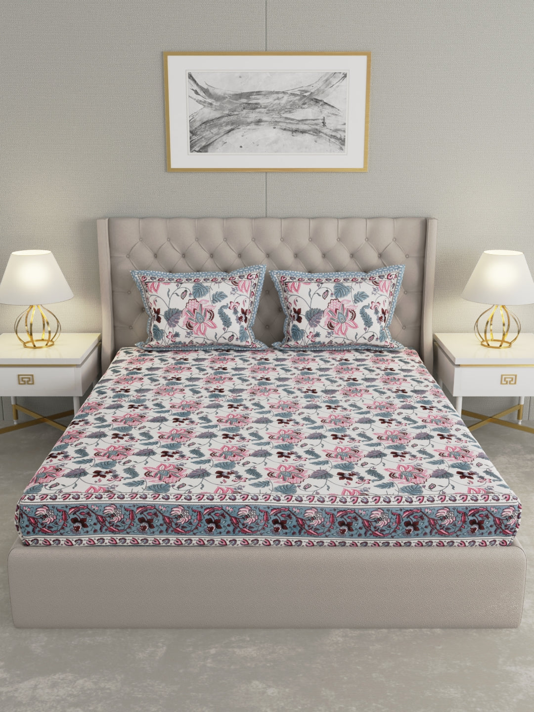 Pure Organic Cotton Bedsheet Hand Block Printed King Size with Pillow Covers 240 TC 90X108 inches