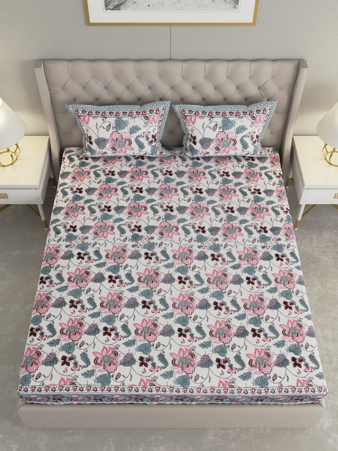 Pure Organic Cotton Bedsheet Hand Block Printed King Size with Pillow Covers 240 TC 90X108 inches