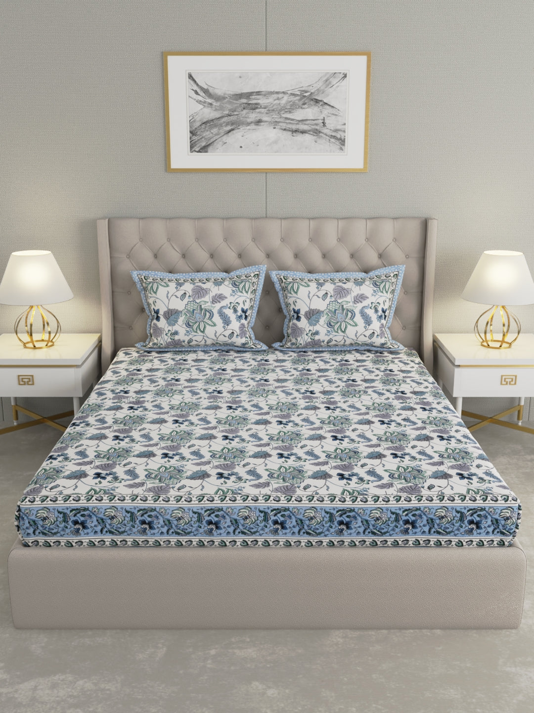 Pure Organic Cotton Bedsheet Hand Block Printed King Size with Pillow Covers 240 TC 90X108 inches