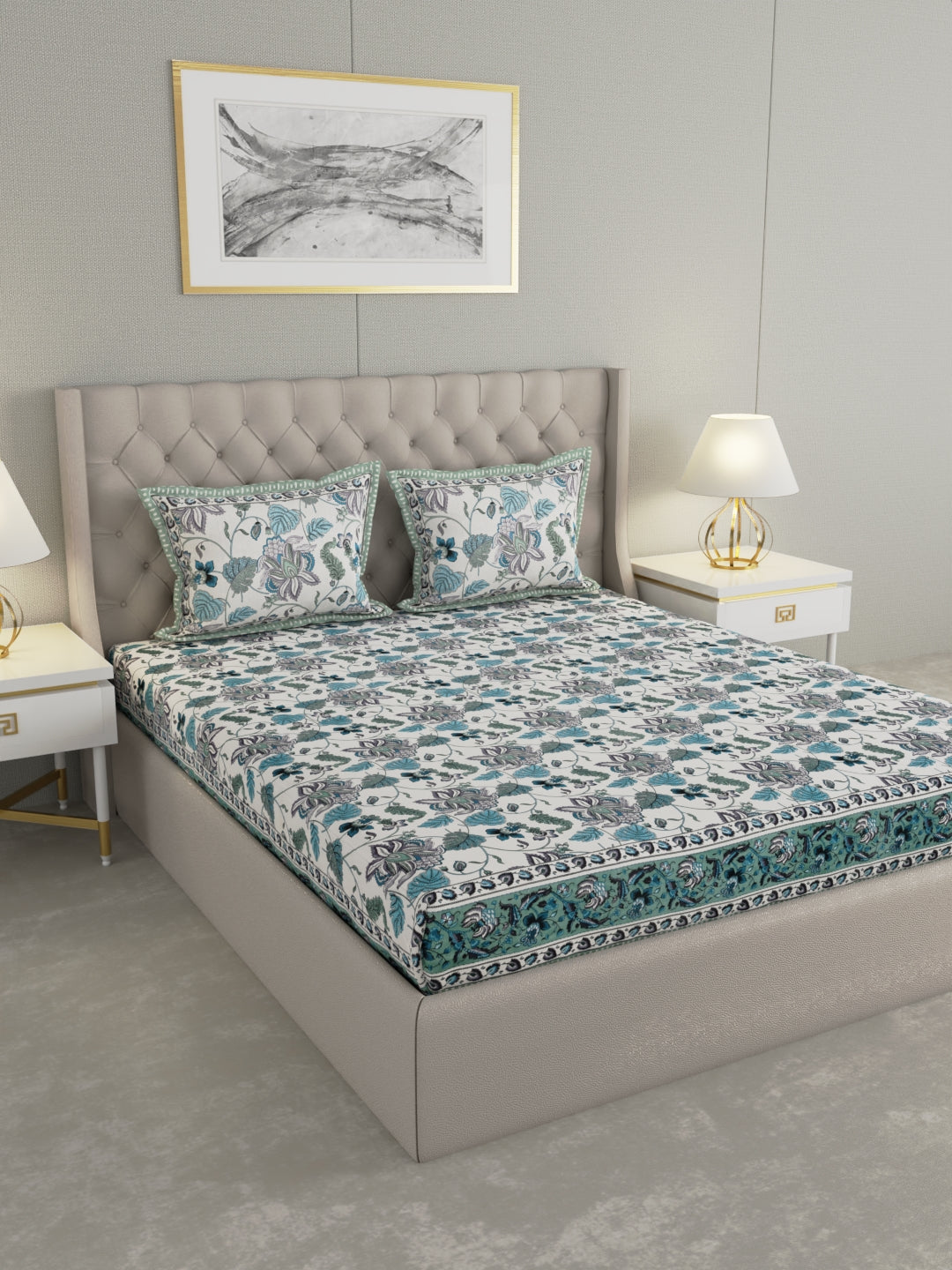 Pure Organic Cotton Bedsheet Hand Block Printed King Size with Pillow Covers 240 TC 90X108 inches