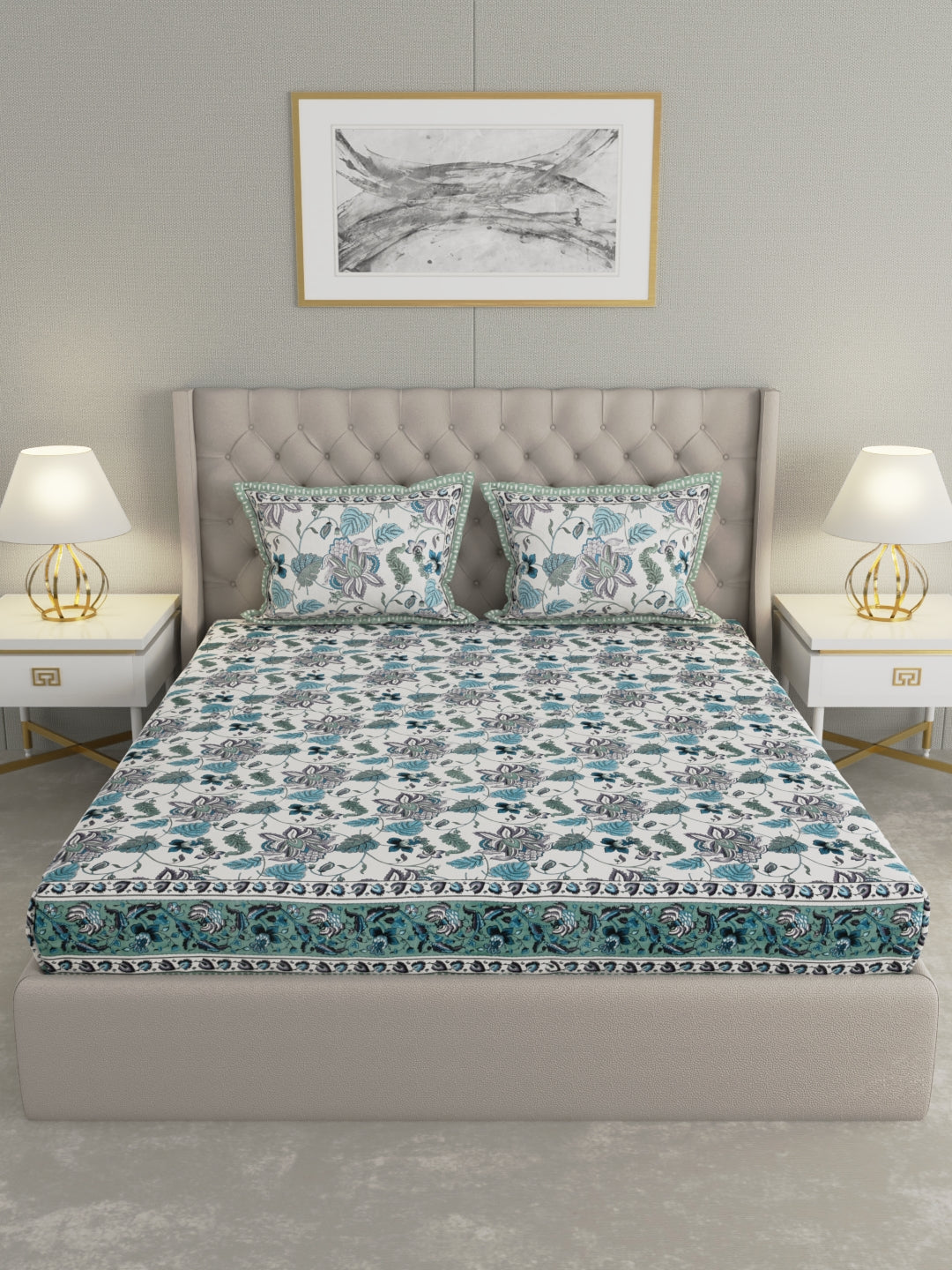 Pure Organic Cotton Bedsheet Hand Block Printed King Size with Pillow Covers 240 TC 90X108 inches