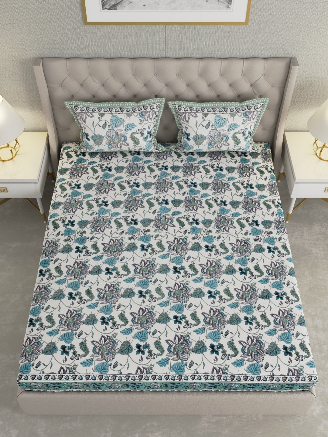 Pure Organic Cotton Bedsheet Hand Block Printed King Size with Pillow Covers 240 TC 90X108 inches