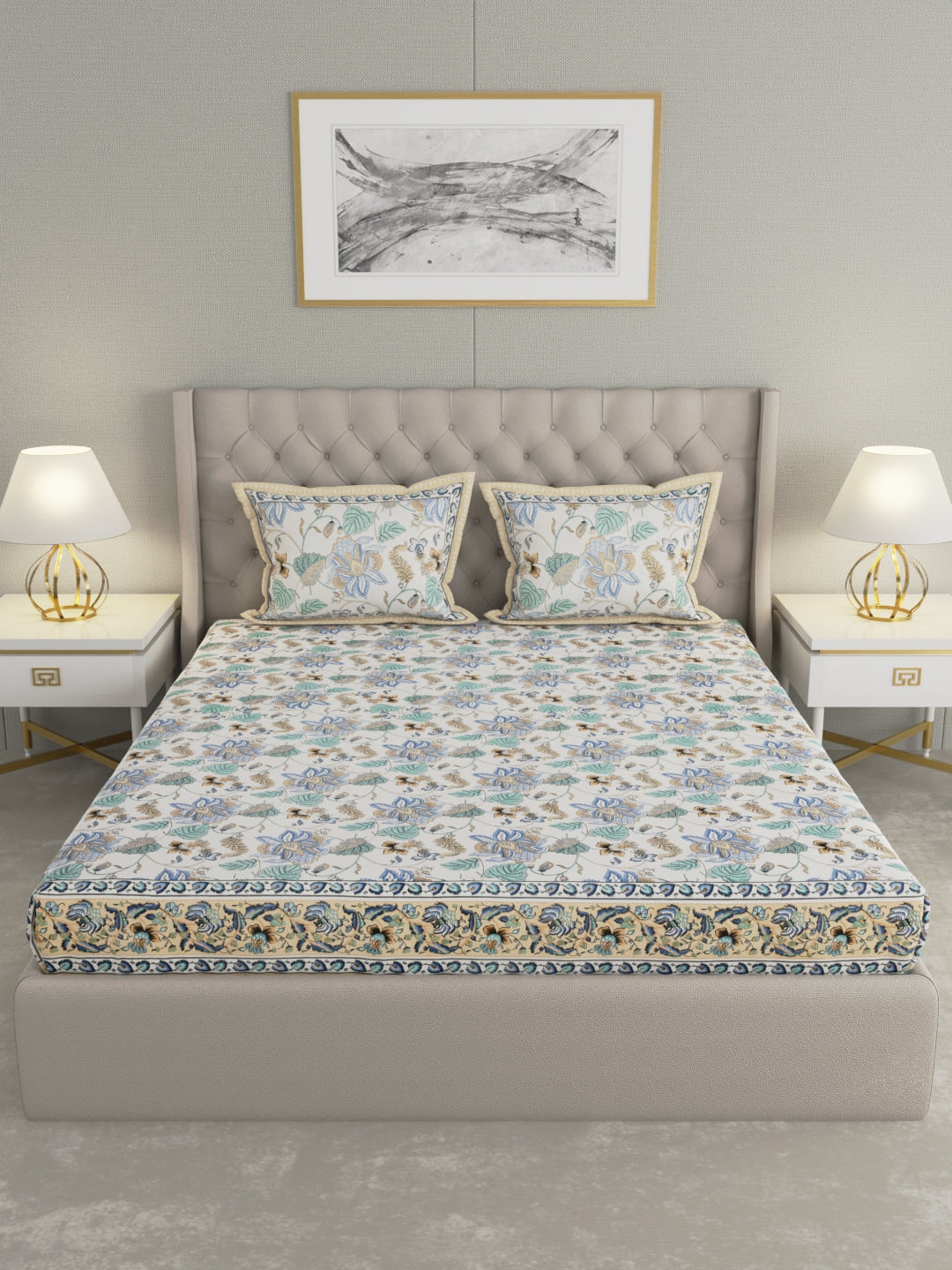 Pure Organic Cotton Bedsheet Hand Block Printed King Size with Pillow Covers 240 TC 90X108 inches