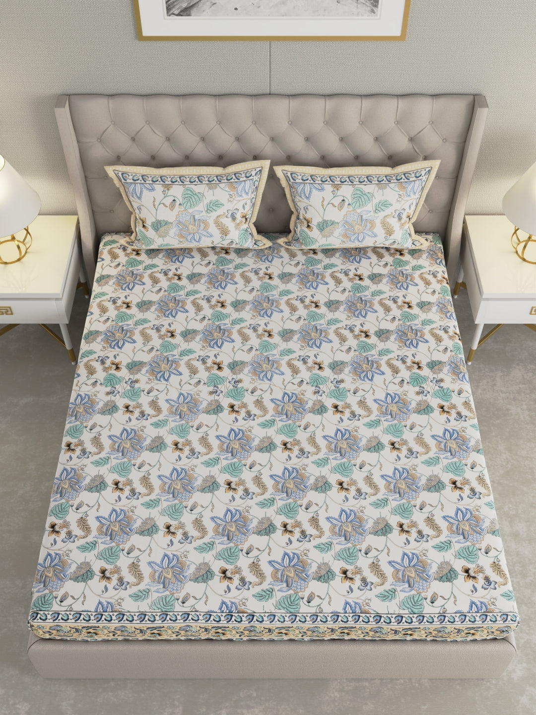 Pure Organic Cotton Bedsheet Hand Block Printed King Size with Pillow Covers 240 TC 90X108 inches