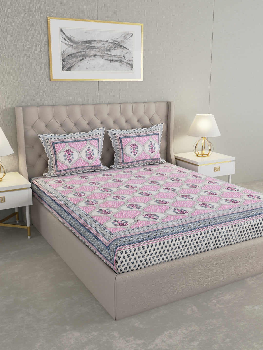 Pure Organic Cotton Bedsheet Hand Block Printed King Size with Pillow Covers 240 TC 90X108 inches