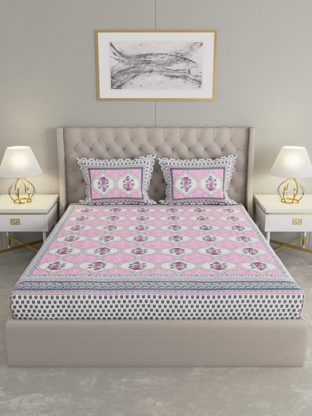 Pure Organic Cotton Bedsheet Hand Block Printed King Size with Pillow Covers 240 TC 90X108 inches