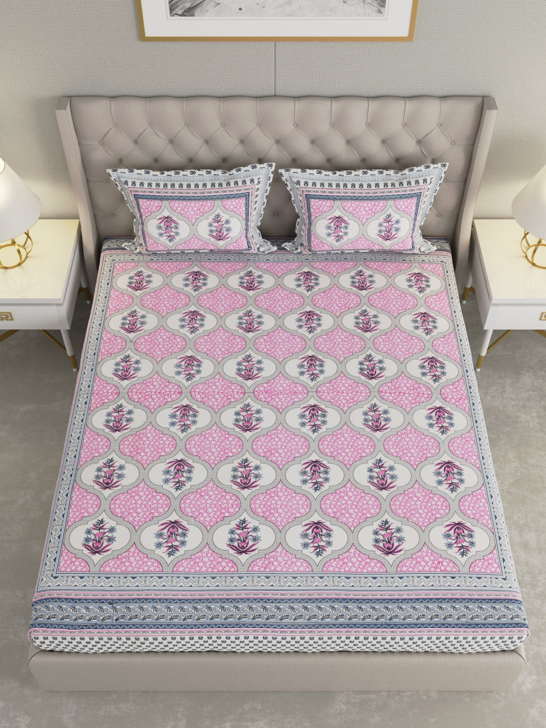 Pure Organic Cotton Bedsheet Hand Block Printed King Size with Pillow Covers 240 TC 90X108 inches