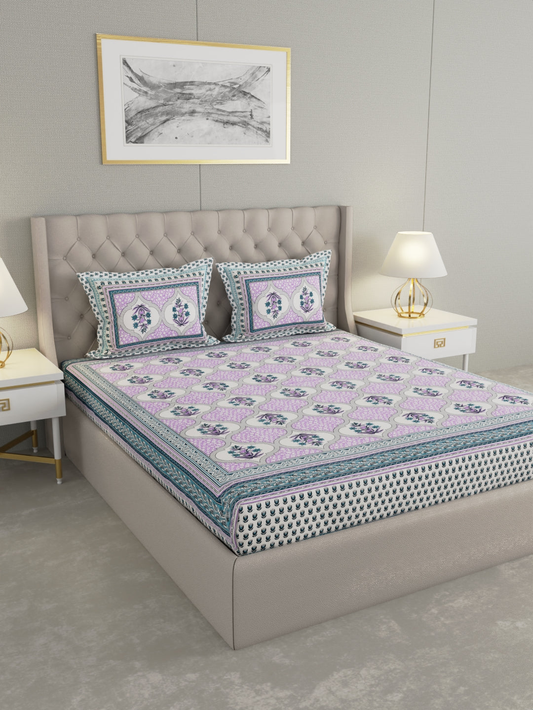 Pure Organic Cotton Bedsheet Hand Block Printed King Size with Pillow Covers 240 TC 90X108 inches