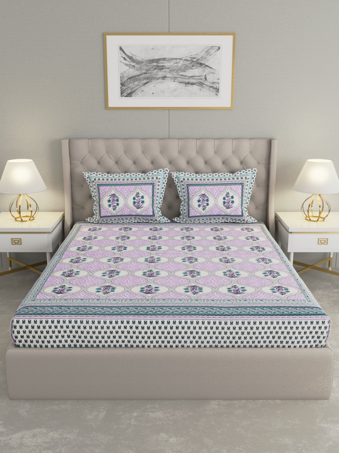 Pure Organic Cotton Bedsheet Hand Block Printed King Size with Pillow Covers 240 TC 90X108 inches