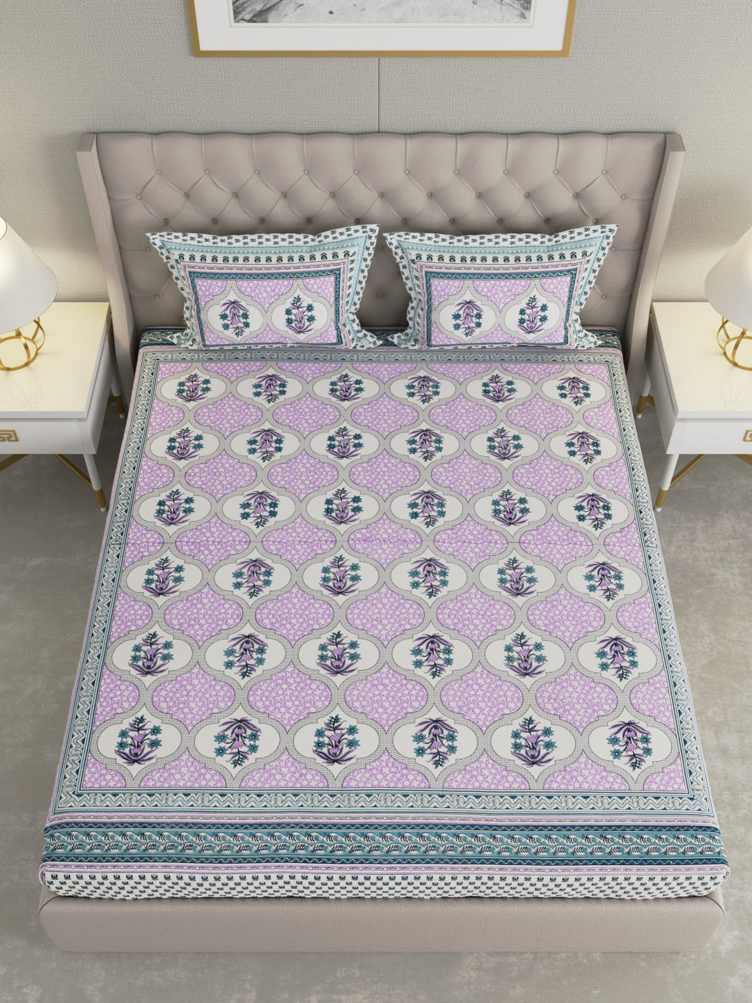 Pure Organic Cotton Bedsheet Hand Block Printed King Size with Pillow Covers 240 TC 90X108 inches