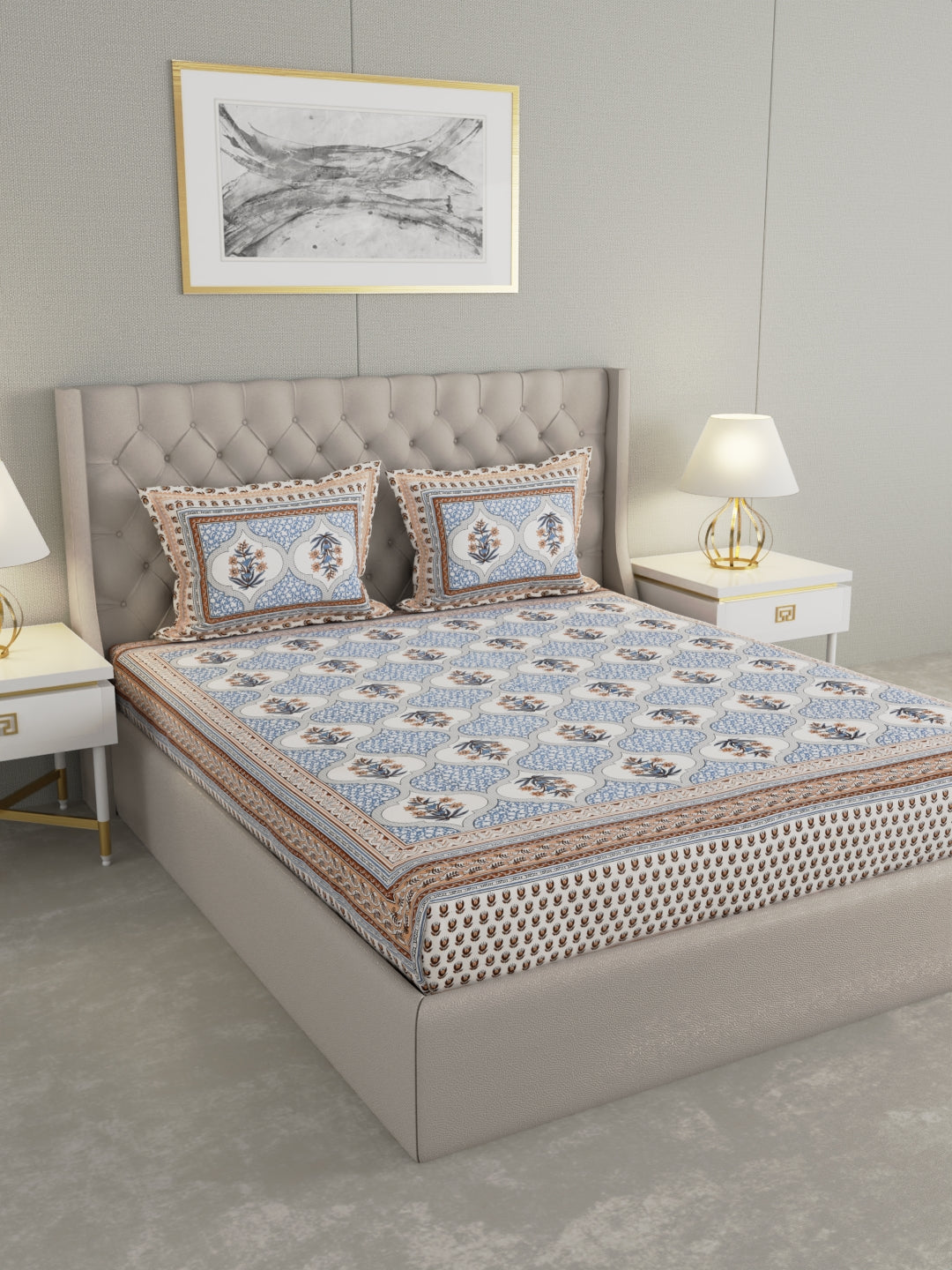 Pure Organic Cotton Bedsheet Hand Block Printed King Size with Pillow Covers 240 TC 90X108 inches