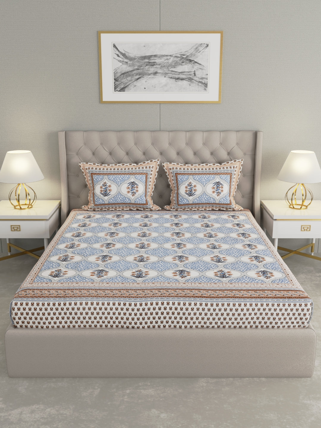 Pure Organic Cotton Bedsheet Hand Block Printed King Size with Pillow Covers 240 TC 90X108 inches