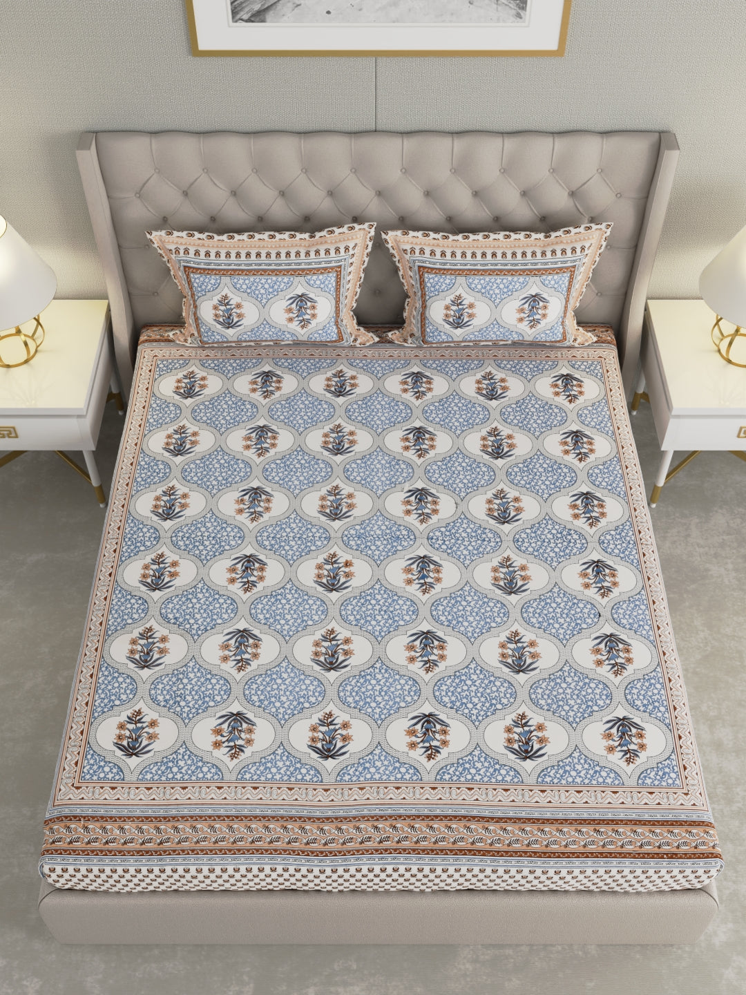 Pure Organic Cotton Bedsheet Hand Block Printed King Size with Pillow Covers 240 TC 90X108 inches