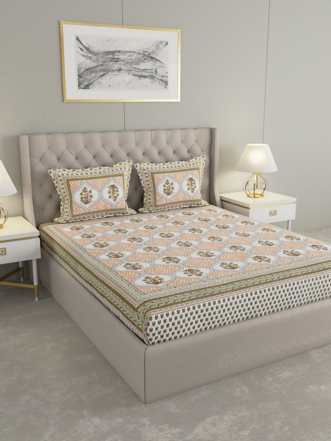 Pure Organic Cotton Bedsheet Hand Block Printed King Size with Pillow Covers 240 TC 90X108 inches