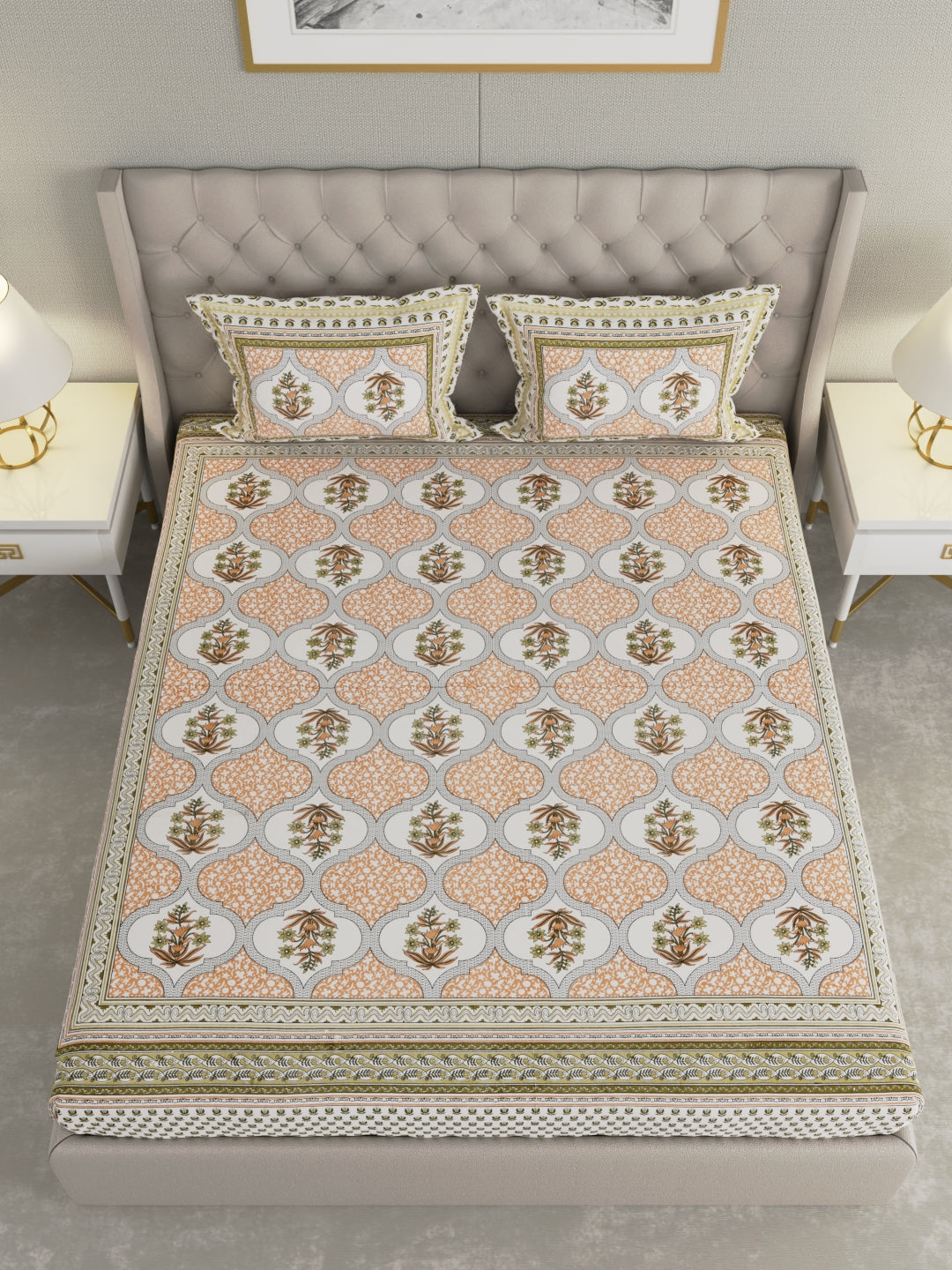 Pure Organic Cotton Bedsheet Hand Block Printed King Size with Pillow Covers 240 TC 90X108 inches