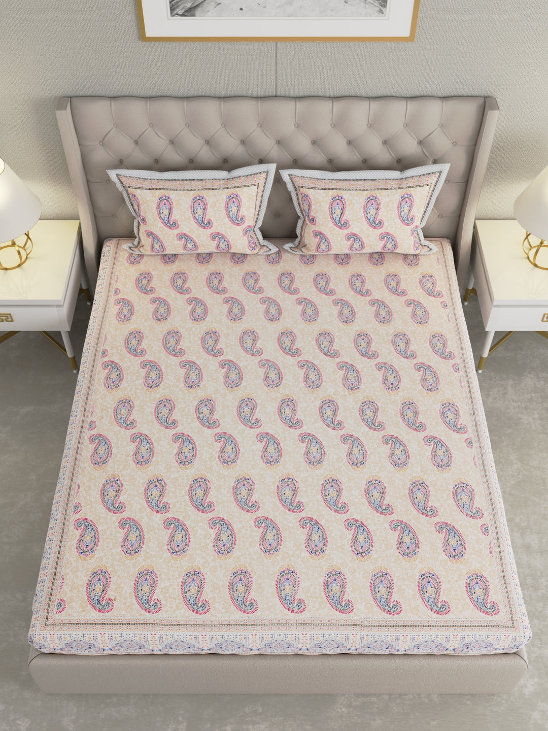 Pure Organic Cotton Bedsheet Hand Block Printed King Size with Pillow Covers 240 TC 90X108 inches